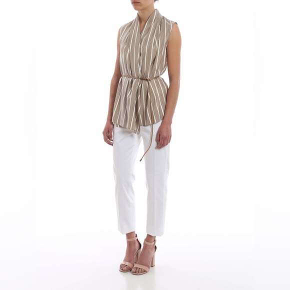 BRUNELLO CUCINELLI Striped silk top (open front) w leather belt Dark Beige Small - Picture 4 of 11